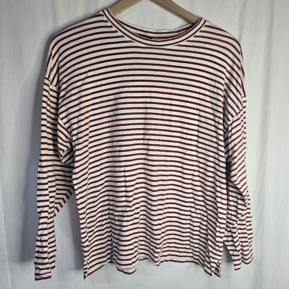 AYR The French Fry Tee Women M Red White Striped Pima Cotton Long Sleeve Relaxed